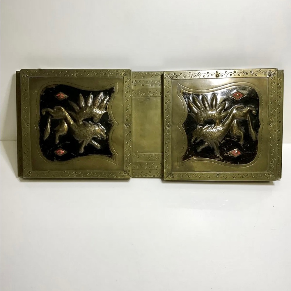 Antique Very Rare Folding Embossing Metallic Brass Book Ends and Shelf